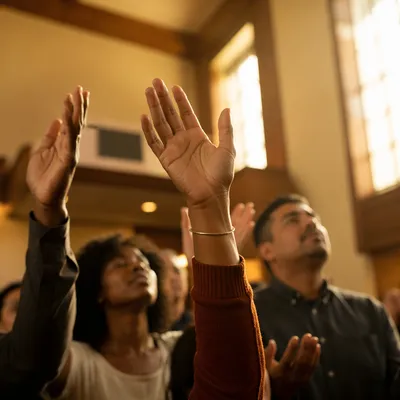 Raised Hands in Warm Church Light