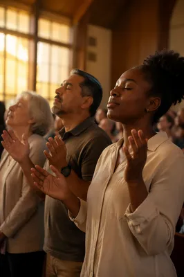 Raised Hands Worship in Golden Church Light