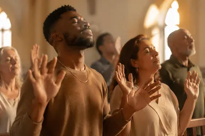 Worshippers Raising Hands in Warm Church Light