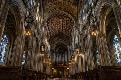 Grand Gothic Cathedral Interior with Chandeliers