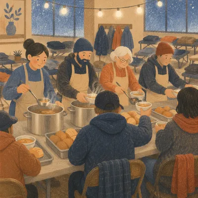 Church Volunteers Serving Meals at Winter Shelter