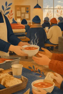 Church Volunteers Serving Warm Shelter Meal