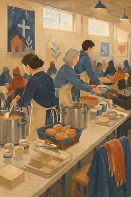 Church Volunteers Serving Warm Shelter Meal