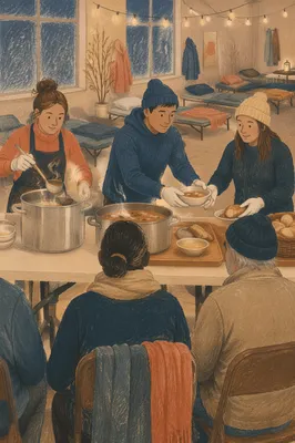 Church Volunteers Serving Meals at Shelter