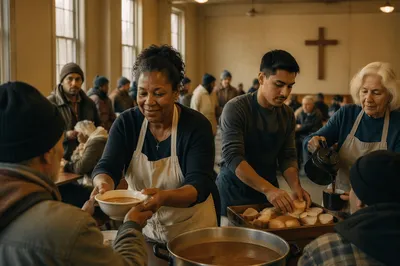 Volunteers Serving Warm Meal in Community Hall
