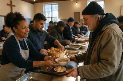 Volunteers Serving Meal in Community Hall