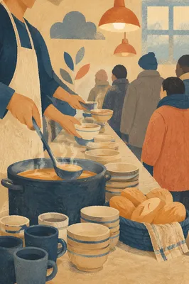 Church Volunteers Serving Shelter Meal Line