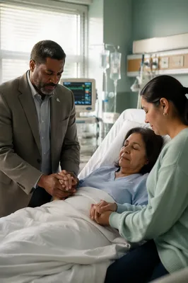 Hospital Chaplain Praying With Patient Family