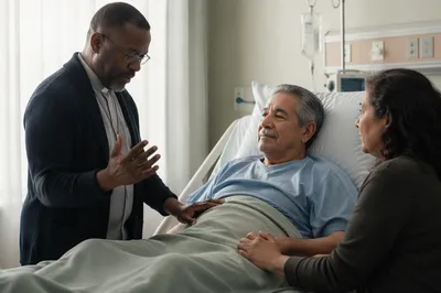 Hospital Chaplain Praying Beside Patient Bed
