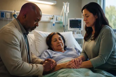 Hospital Chaplain Praying with Patient Family