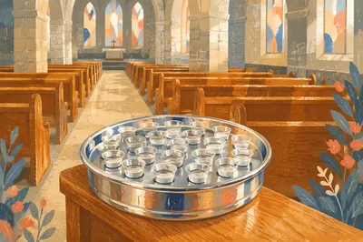 Silver Communion Cups on Church Pew