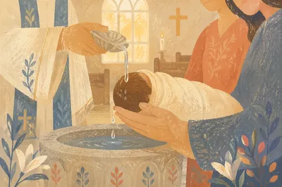 Tender Infant Baptism Water Pouring Scene