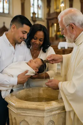 Reverent Infant Baptism at Church Font