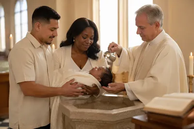 Infant Baptism Beside Stone Font