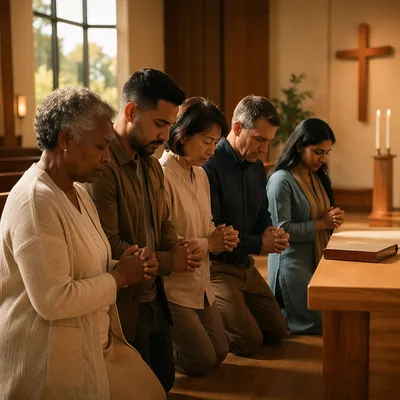Five Adults Praying at Wooden Altar