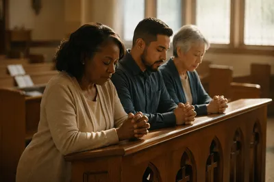 Three People Kneeling in Church Prayer