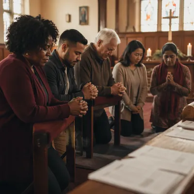 Five Adults Praying at Church Altar