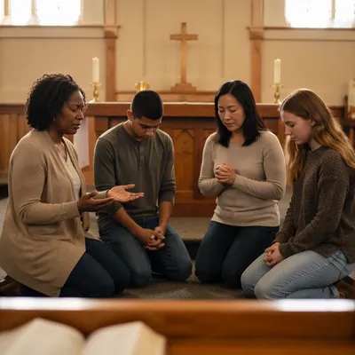 Prayer Group Kneeling at Church Altar
