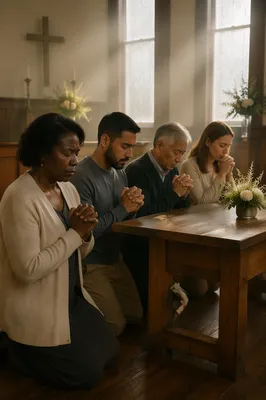 Prayer Team Kneeling at Church Altar