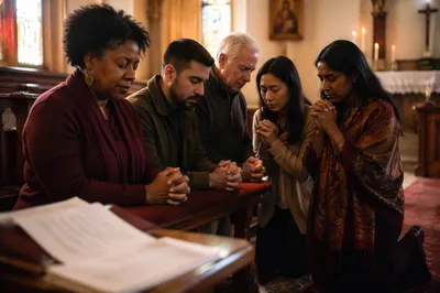 Five Adults Praying at Church Altar
