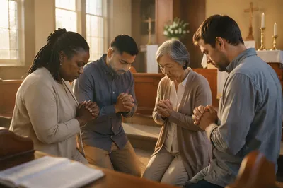 Four People Praying at Church Altar