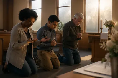 Three People Praying at Church Altar