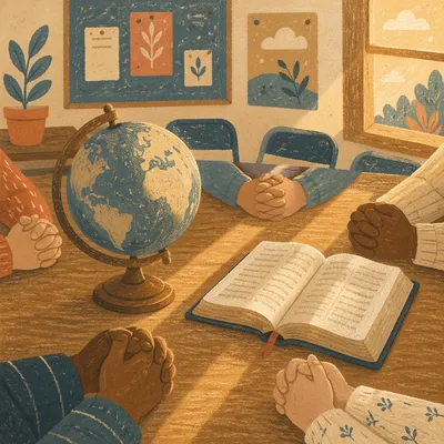 Praying Hands Around Globe and Open Bible
