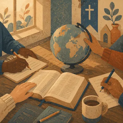 International Missions Table with Bible and Globe
