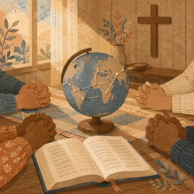 Global Missions Prayer Table with Open Bible