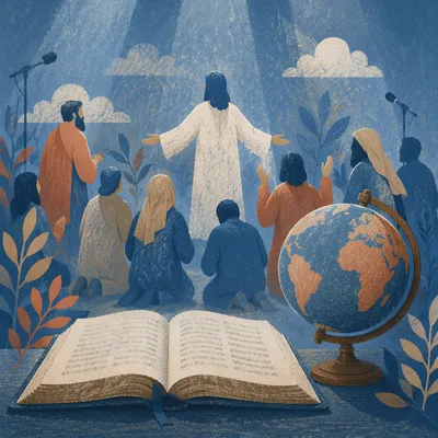 Global Missions Bible and Globe Worship Scene