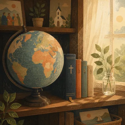 Mission Globe and Bible in Sunlit Office