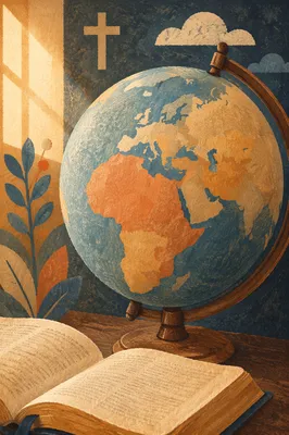 Vintage Globe Beside Open Bible for Missions