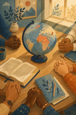 International Missions Prayer Table with Bible and Globe