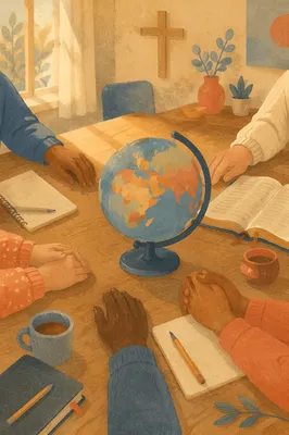 Missions Planning Table with Globe and Bible