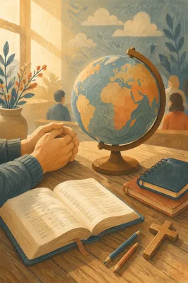 Praying Over Globe Beside Open Bible