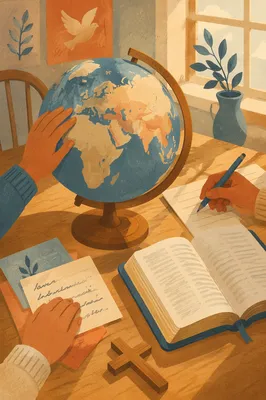 International Missions Prayer Table with Globe and Bible