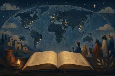Open Bible Beneath Global Missions Lights