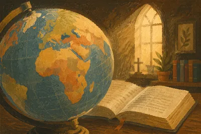 International Missions Globe Beside Open Bible
