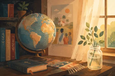 Vintage Missions Globe Beside Bible in Sunlight