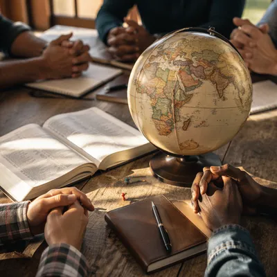 International Missions Prayer Table with Globe and Bible