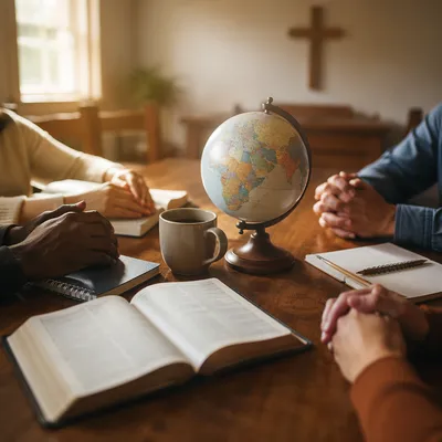 Church Missions Table With Globe and Bible