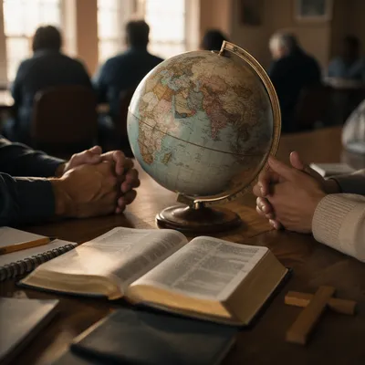 Praying Hands Over Globe and Open Bible
