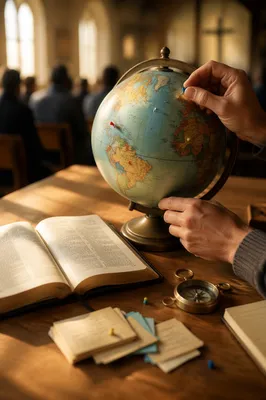 International Missions Globe Beside Open Bible