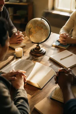 Praying Hands Around Bible and Globe