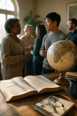 Open Bible and Globe on Table