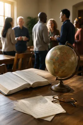 Open Bible and Globe on Table