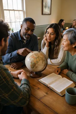 Small Group Around Globe and Bible