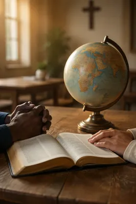 Open Bible and Globe on Table