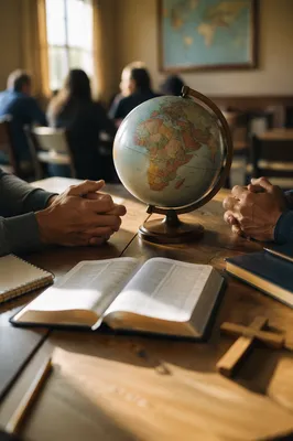 Praying Over Globe Beside Open Bible