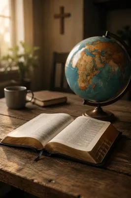 Open Bible and Vintage Globe on Table